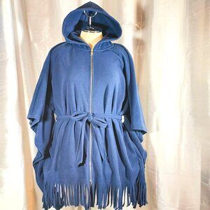 Susan Graver Women's Top Weekend  Fleece Hooded Zip Poncho  Blue Fringe  Size XL